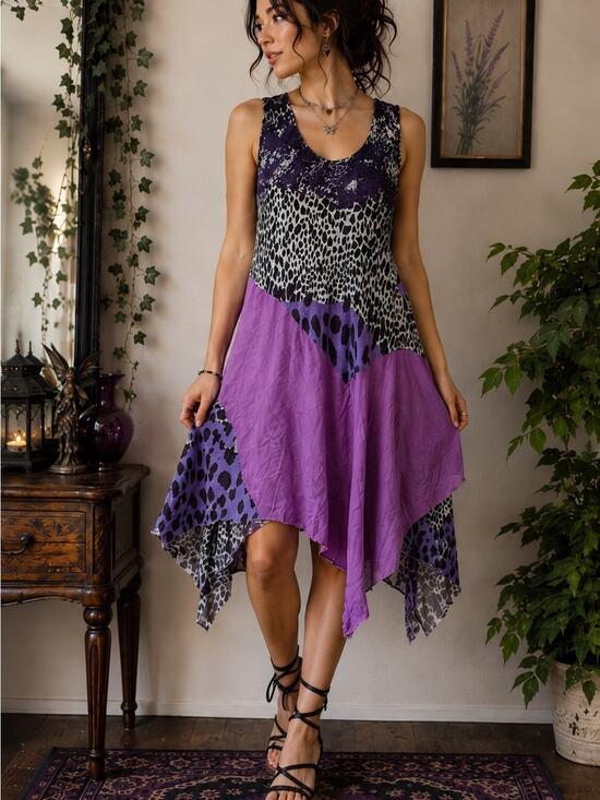 Pretty Angel Dresses & Skirts - Y2K Pretty Angel Patchwork Leopard Asymmetric Handkerchief Hem Dress Size S